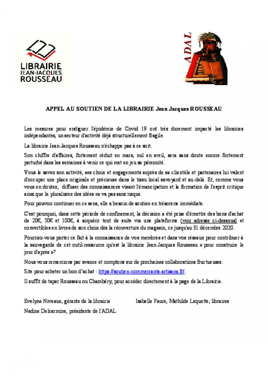 Appel au soutien de la librairie Jean-Jacques Rousseau