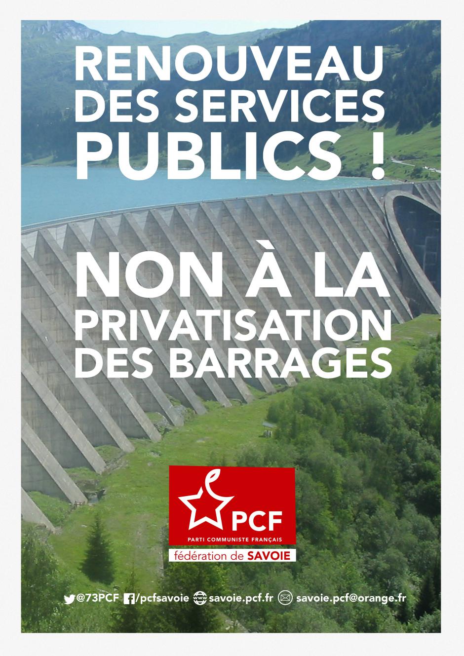 [Affiche] Le PCF73 dit non à la privatisation des barrages.