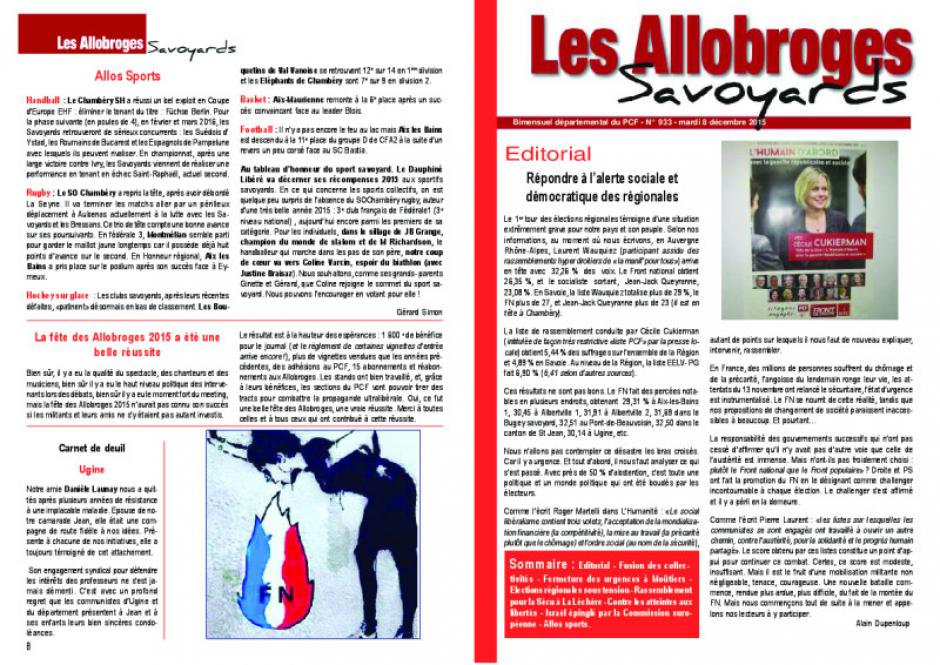 Les Allobroges - N°933 - 8 Décembre 2O15