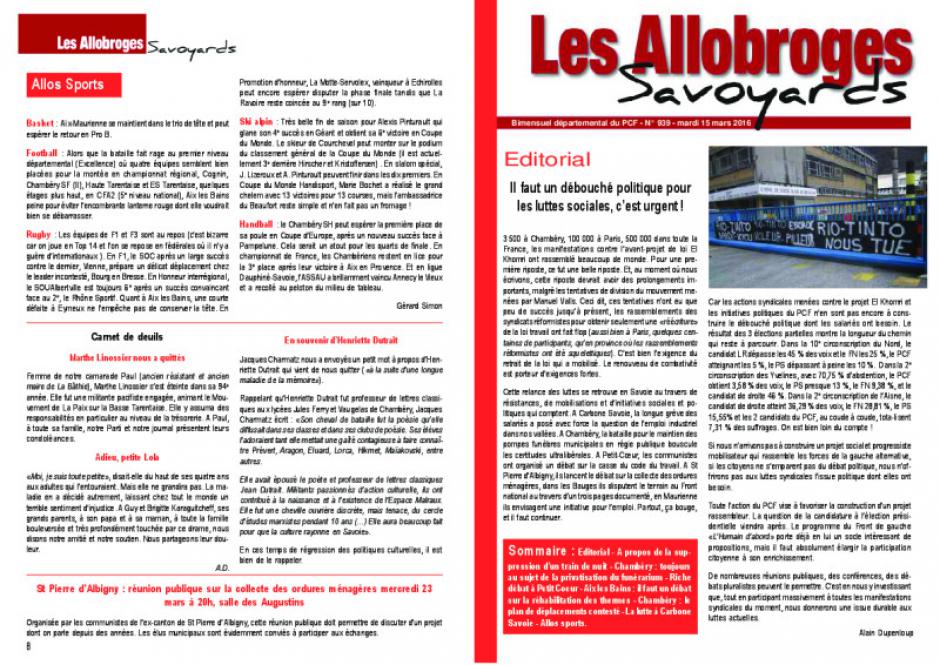 Les Allobroges - N°939 - 15 Mars 2O16